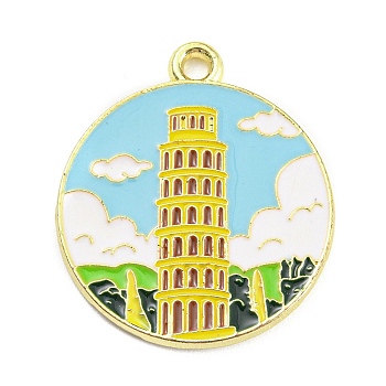 Alloy Enamel Pendants, Golden, Flat Round with Building Pattern, Sky Blue, 27x22x1.5mm, Hole: 1.8mm