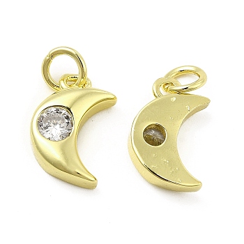 Brass Micro Pave Cubic Zirconia Charms, with Jump Ring, Moon Charm, Golden, 12.5x8.3x3.2mm, Hole: 2.5mm