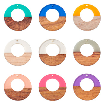 18Pcs 9 Colors Resin & Walnut Wood Pendants, Two Tone, Ring, Mixed Color, 38x3.5mm, Hole: 2mm, 2pcs/color