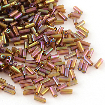 AB Color Plated Glass Bugle Beads, Transparent Colours Rainbow, Indian Red, 4~4.5x2mm, Hole: 1mm, about 450g/bag, 14000pcs/bag