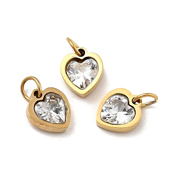 Vacuum Plating 304 Stainless Steel Pendants, with Cubic Zirconia and Jump Rings, Single Stone Charms, Heart, Golden, Clear, 9x8x3mm, Hole: 3.6mm