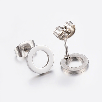 304 Stainless Steel Ear Studs, Hypoallergenic Earrings, Flat Round, Stainless Steel Color, 8x1mm, Pin: 0.8mm