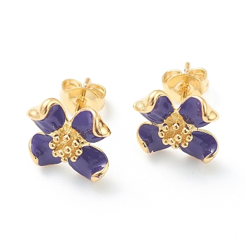 Brass Enamel Stud Earrings, with Ear Nuts, Flower, Real 18K Gold Plated, Purple, 11x12mm, Pin: 0.8mm