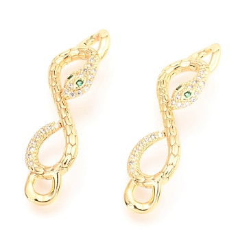 Brass Micro Pave Green & Clear Cubic Zirconia Links Connectors, Long-Lasting Plated, Infinity Shape Snake, Real 18K Gold Plated, 34.5x9.5x5mm, Hole: 3.5x2.8mm
