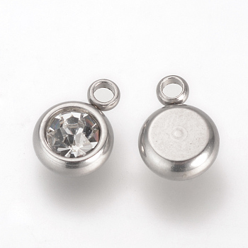 201 Stainless Steel Rhinestone Charms, Flat Round, Crystal, 8.5x6x3mm, Hole: 1.5mm