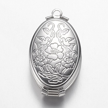 Brass Locket Pendants, Oval with Flower, Multilayer, Platinum, 35x20x10mm, Hole: 2mm