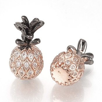 Rack Plating Brass Cubic Zirconia Beads, Long-Lasting Plated, Pineapple, Clear, Gunmetal & Rose Gold, 17x9mm, Hole: 2mm