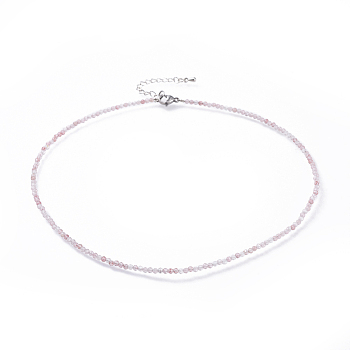 Natural Strawberry Quartz Beaded Necklaces, with 304 Stainless Steel Lobster Claw Clasps and Brass Extender Chains, Faceted, 15.8 inch(40.2cm)