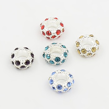 Brass European Beads, with Rhinestones, Rondelle, Silver Color Plated, Mixed color, about 11mm wide, 6mm long, Hole: 5mm