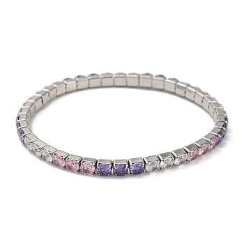 Cubic Zirconia Stretch Bracelets, 304 Stainless Steel Jewelry for Women, Stainless Steel Color, Medium Purple, 1/8 inch(0.4cm), Inner Diameter: 2-1/8 inch(5.3cm)