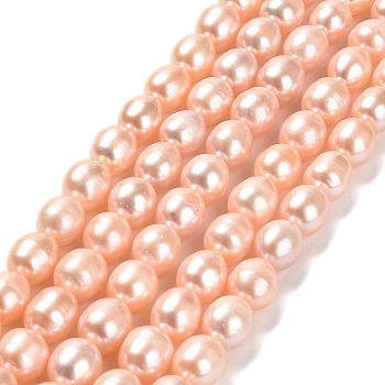 Natural Cultured Freshwater Pearl Beads Strands, Rice, Grade 3A, Light Salmon, 8~9x7~7.5mm, Hole: 0.6mm, about 43~44pcs/strand, 15.35 inch(39cm)