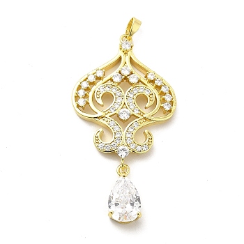 Brass Micro Pave Clear Cubic Zirconia Pendants, with Glass, Teardrop Charm, Real 18K Gold Plated, 52mm, Hole: 5x3mm