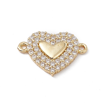 Rack Plating Brass Micro Pave Clear Cubic Zirconia Connector Charms, Lead Free & Cadmium Free, Heart Links, Real 18K Gold Plated, 16x22.6x3mm, Hole: 1.5mm