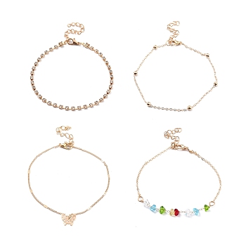 4Pcs 4 Style Alloy Chain Anklets Set with Heart Beaded and Butterfly Charm, Clear Cubic Zirconia Tennis Anklets for Women, Light Gold, 8.46~9.25 inch(21.5~23.5cm)