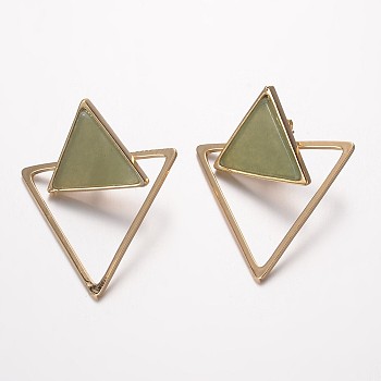Natural Green Aventurine Ear Studs, with Brass Findings, Triangle, Golden, 37x33x1.5~3mm, Pin: 0.7mm