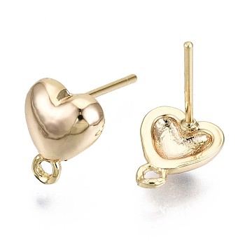 Brass Stud Earring Findings, with Loop, Nickel Free, Heart, Real 18K Gold Plated, 9.5x8mm, Hole: 1.2mm, Pin: 0.8mm