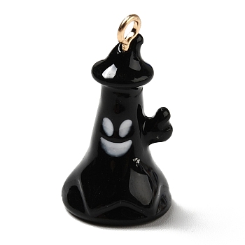 Halloween Theme Opaque Resin Pendants, with Light Gold Tone Alloy Findings, Ghost with Hat, Black, 21x11.5mm, Hole: 1.5mm