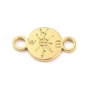 304 Stainless Steel Connector Charms, Flat Round with Compass, Real 18K Gold Plated, 11x19x1.5mm, Hole: 3mm