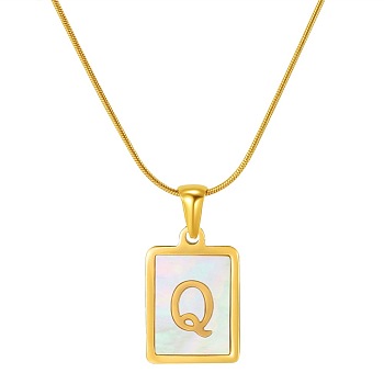 Stainless Steel Snake Bone Chain Alphabet Necklace with Shell Pendant, Letter Q, Golden