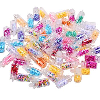 Glass Wishing Bottle Pendant Decorations, with Star Glitter Sequins/Paillette inside, with Plastic Plug, Mixed Color, 27~29x11mm, Hole: 2.5mm, 80pcs/box