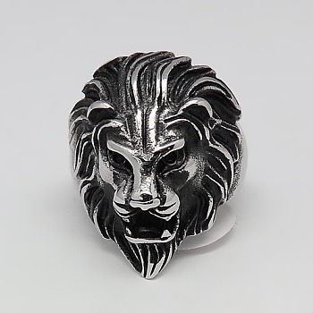 Personalized Retro Men's 304 Stainless Steel Wide Lion Rings, Antique Silver, 17mm