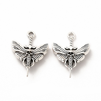 Tibetan Style Alloy Pendants, Skull Sword with Moth Charm, Antique Silver, 25x18x6mm, Hole: 2mm