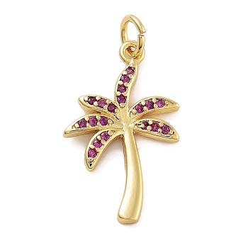 Rack Plating Brass Micro Pave Cubic Zirconia Pendants, Long-Lasting Plated, Lead Free & Cadmium Free, Coconut Tree, Deep Pink, 22.5x14x2mm, Hole: 3.5mm