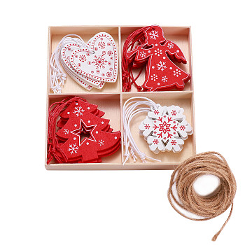 Wooden Ornaments, Christmas Tree Hanging Decorations, with Jute Twine, for Christmas Party Gift Home Decoration, Mixed Color, 48~65x50~62.5mm, 20pcs/set