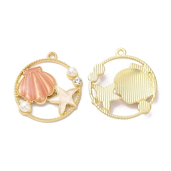 Alloy Enamel Pendants, ABS Imitation Pearl with Rhinestone, Golden, Round with Seashell Starfish, Dark Salmon, 26.5x24.5x5mm, Hole: 1.6mm