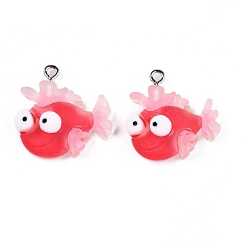 Opaque Resin Pendants, with Platinum Tone Iron Loops, Frosted, Fish, Red, 24x23.5x6mm, Hole: 2mm