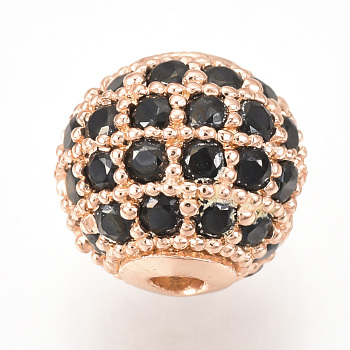 Brass Micro Pave Cubic Zirconia Beads, Round, Black, Rose Gold, 10mm