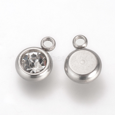 Stainless Steel Color Flat Round Stainless Steel+Rhinestone Charms