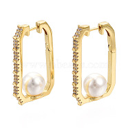 Clear Cubic Zirconia Rectangle with Plastic Pearl Hoop Earrings, Brass Jewelry for Women, Nickel Free, Real 18K Gold Plated, 28x16.5x2.5mm, Pin: 0.9mm(EJEW-N011-117LG)