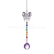 Glass Teardrop Pendant Decorations, with Acrylic Butterfly and Glass Beads for Home Decorations, Plum, 232mm(HJEW-JM01581-02)