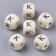 Printed Natural Wood Beads, Horizontal Hole, Cube with Initial Letter, PapayaWhip, Letter.K, 10x10x10mm, Hole: 3.5mm, about 1000pcs/500g(WOOD-T026-001K)