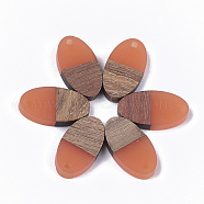 Resin & Walnut Wood Pendants, Oval, Coral, 20x11x3.5mm, Hole: 1.8mm(RESI-S358-71E)