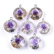 Transparent Epoxy Resin Pendants, with Natural Shell Inside and Platinum Plated Iron Loop, Diamond Shape, Medium Orchid, 23~24x20x13mm, Hole: 2mm(X-CRES-N025-11D)