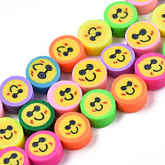 Handmade Polymer Clay Beads Strands, Flat Round with Smiling Face, Mixed Color, 9.5x4.5mm, Hole: 1.6mm, about 39~40pcs/strand, 14.96 inch~15.24 inch(38cm~38.7cm)(X-CLAY-T020-05)