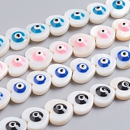 Natural Shell Beads Strands, with Enamel, Heart with Evil Eye, Mixed Color, 11x12x4.5mm, Hole: 0.6mm, about 35pcs/strand, 15.16 inch(38.5cm)(SSHEL-I024-02)