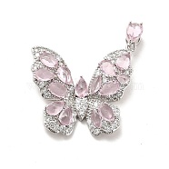 Brass Micro Pave Clear Cubic Zirconia Pendants, with Pink Glass, Butterfly Charm, Platinum, 27x32x5.5mm, Hole: 5.5x2mm(KK-I695-054P)