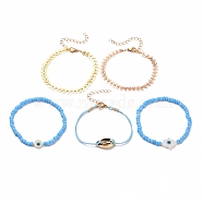 Bracelets Sets, Including Brass Cobs Chain Bracelets, Glass Seed Stretch Bracelets, with Evil Eye Natural Shell Beads, Waxed Polyester Cord and 304 Stainless Steel Lobster Claw Clasps, Mixed Color, 2 inch(5.1cm), 7.17~7.28 inch(18.2~18.5cm), 5pcs/set(BJEW-JB05753)