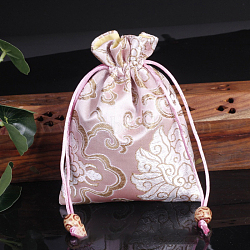 Chinese Style Flower Pattern Satin Jewelry Packing Pouches, Drawstring Gift Bags, Rectangle, Pearl Pink, 14x11cm(PW-WG37271-07)