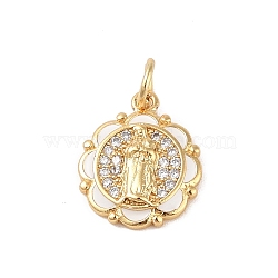 Brass Micro Pave Clear Cubic Zirconia Pendants, with Enamel and Jump Ring, Real 18K Gold Plated, Flat Round, 14x12x2.5mm, Hole: 3mm(KK-E111-31I-G)
