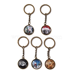 Alloy Keychain, Wicca Jewelry, with Glass, Flat Round with Mixed Patterns, Antique Bronze, 80x25mm(KEYC-F028-M-AB)