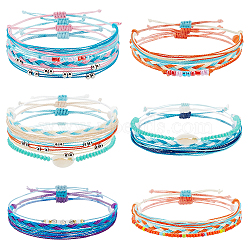 Elite 6 Sets 6 Style Natural Shell Braided Bead Bracelets Set, Adjustable Seed Bead Bracelets for Women, Mixed Color, Inner Diameter: 2~4 inch(5.1~10.7cm), 1 set/style(BJEW-PH0004-18)
