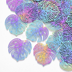 Ion Plating(IP) 201 Stainless Steel Filigree Pendants, Etched Metal Embellishments, Tropical Leaf Charms, Monstera Leaf, Rainbow Color, 32x32x0.3mm, Hole: 1.2mm(X-STAS-R102-21)