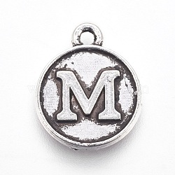 Tibetan Style Alloy Charms, Flat Round with Letter, Antique Silver, Letter.M, 15x12.5x2mm, Hole: 1.5mm(PALLOY-WH0015-01M)