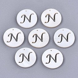 Natural Freshwater Shell Charms, Flat Round with Hollow Out Letter, Letter.N, 14.5x1.5mm, Hole: 0.9mm(SHEL-S276-119N)