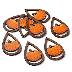 Halloween Theme Single Face Printed Aspen Wood Big Pendants, Teardrop Charm, Pumpkin Pattern, 54.5x34x2.5mm, Hole: 1.6mm(WOOD-G015-05J)