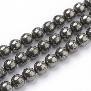 Natural Pyrite Beads Strands, Round, 10mm, Hole: 1mm, about 40pcs/strand, 15.7 inch(39.8cm)